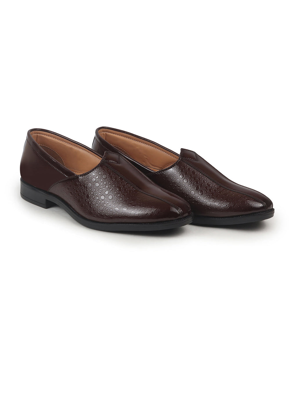 Shop Men Tan Party Ethnic Patent Textured Print Slip On Juttis and Mojaris