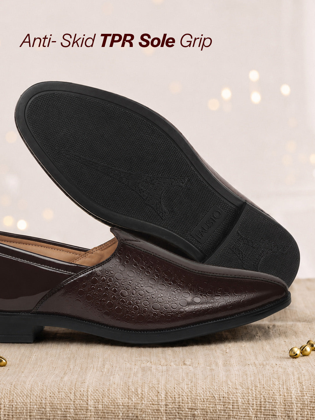 men tan party ethnic patent textured print slip on juttis and mojaris