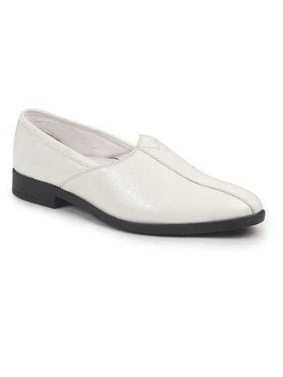 Shop Men White Party Ethnic Patent Textured Print Slip On Juttis and Mojaris|Wedding Slip On Shoes|Evening Comfort Insole Mojaris Online.