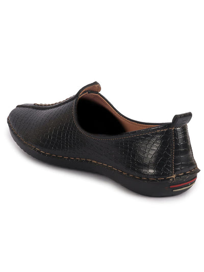 Men Black Textured Ethnic Slip On Juttis and Mojaris for Wedding|Party Slip-On|Traditional Kurtas Shoes|Flexible Rubber Sole