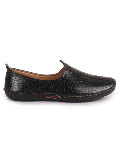 Men Black Textured Ethnic Slip On Juttis and Mojaris for Wedding|Party Slip-On|Traditional Kurtas Shoes|Flexible Rubber Sole