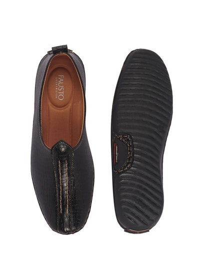 Men Black Textured Ethnic Slip On Juttis and Mojaris for Wedding|Party Slip-On|Traditional Kurtas Shoes|Flexible Rubber Sole