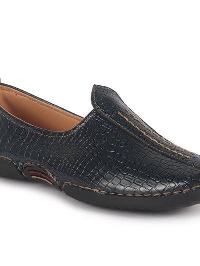 Men Navy Blue Textured Ethnic Slip On Juttis and Mojaris for Wedding|Party Slip-On|Traditional Kurtas Shoes|Flexible Rubber Sole