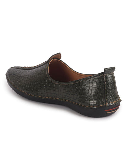 Men Olive Textured Ethnic Slip On Juttis and Mojaris for Wedding|Party Slip-On|Traditional Kurtas Shoes|Flexible Rubber Sole