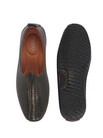 Men Olive Textured Ethnic Slip On Juttis and Mojaris for Wedding|Party Slip-On|Traditional Kurtas Shoes|Flexible Rubber Sole