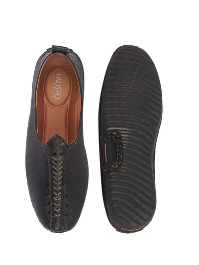 Men Black Textured Print Ethnic Slip On Juttis and Mojaris for Wedding|Festive Slip-On|Traditional Sherwani Shoes