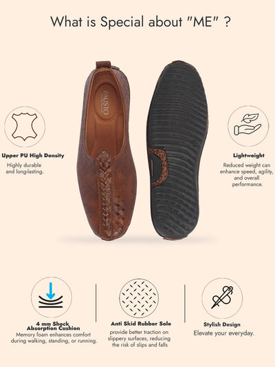 Men Tan Textured Print Ethnic Slip On Juttis and Mojaris for Wedding|Festive Slip-On|Traditional Sherwani Shoes