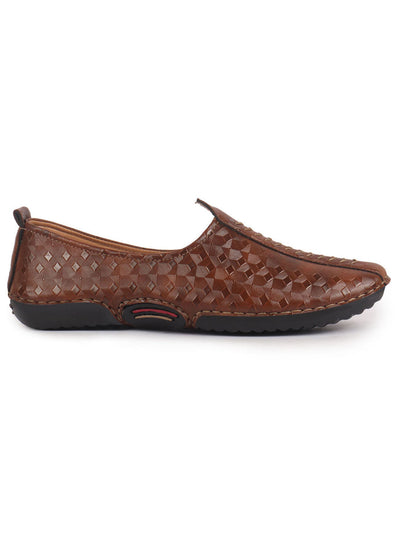 Men Tan Textured Print Ethnic Slip On Juttis and Mojaris for Wedding|Festive Slip-On|Traditional Sherwani Shoes