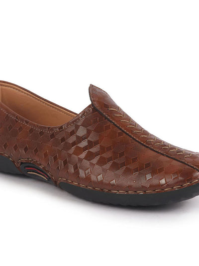 Men Tan Textured Print Ethnic Slip On Juttis and Mojaris for Wedding|Festive Slip-On|Traditional Sherwani Shoes