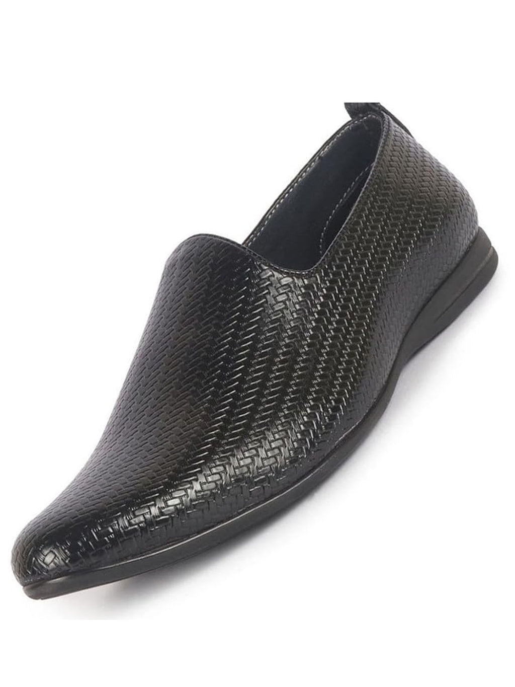 Men Black Textured Ethnic Round Toe Juttis and Mojaris for Wedding|Festive Slip-On For Kurtas|Traditional Sherwani Shoes