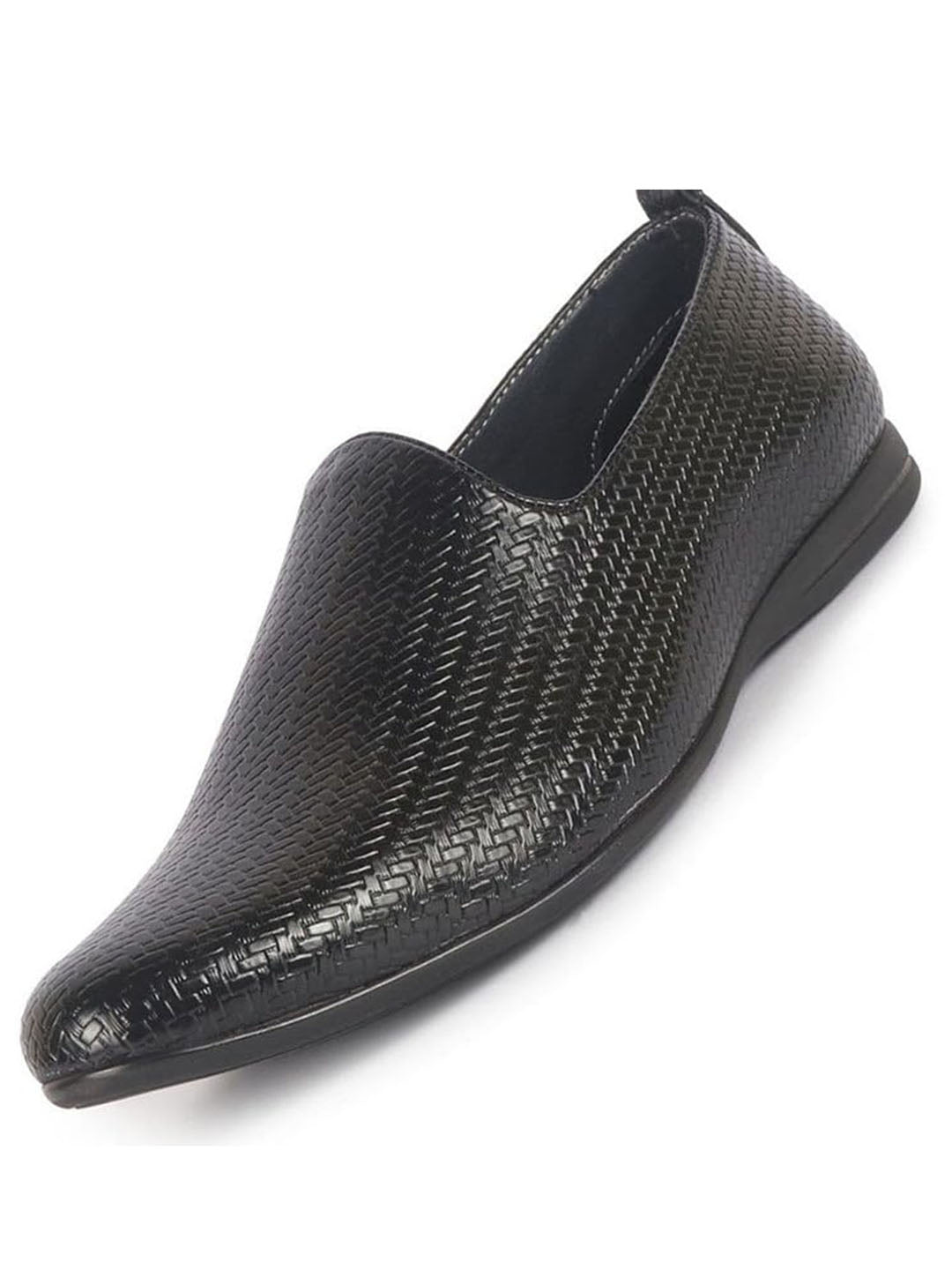 Men Black Textured Ethnic Round Toe Juttis and Mojaris for Wedding|Festive Slip-On For Kurtas|Traditional Sherwani Shoes
