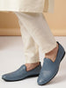 Men Blue Textured Ethnic Round Toe Juttis and Mojaris for Wedding|Festive Slip-On For Kurtas|Traditional Sherwani Shoes