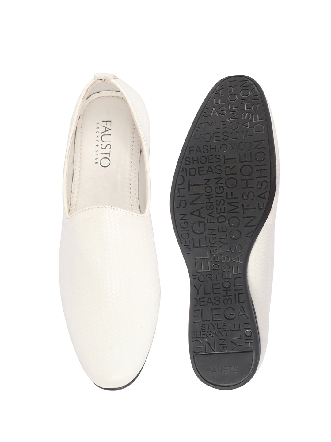 Men White Textured Ethnic Round Toe Juttis and Mojaris for Wedding|Festive Slip-On For Kurtas|Traditional Sherwani Shoes