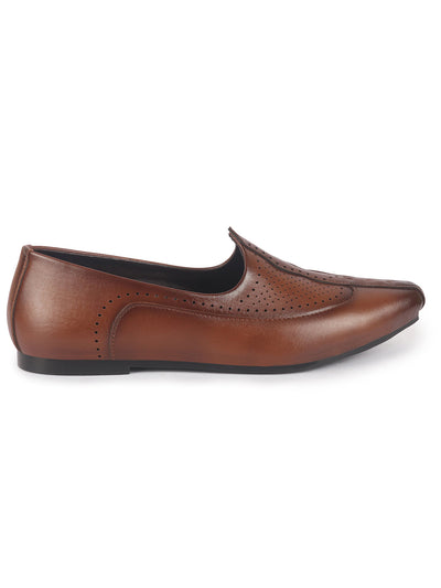 Men Tan Breathable Traditional Wedding Slip On Ethnic Juttis and Mojaris|Party Slip On Evening Shoes|Striped Mojaris