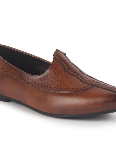 Men Tan Breathable Traditional Wedding Slip On Ethnic Juttis and Mojaris|Party Slip On Evening Shoes|Striped Mojaris