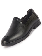 Men Black Party Ethnic Laser Cut Slip On Juttis and Mojaris with TPR Welted Sole|Wedding Slip On Shoes|Formal Slip On Shoes with Heel