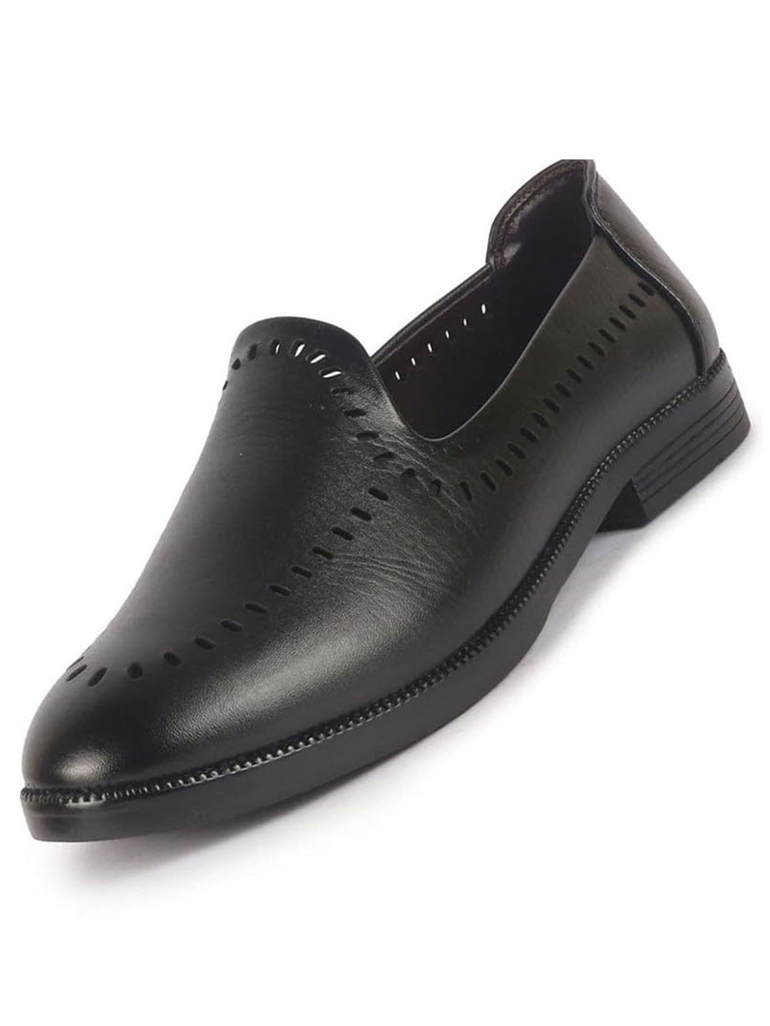 Men Black Party Ethnic Laser Cut Slip On Juttis and Mojaris with TPR Welted Sole|Wedding Slip On Shoes|Formal Slip On Shoes with Heel