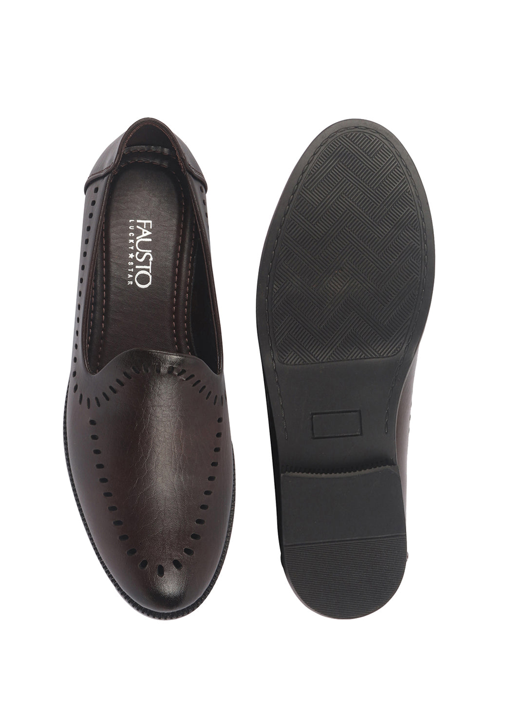 Men Brown Party Ethnic Laser Cut Slip On Juttis and Mojaris with TPR Welted Sole|Wedding Slip On Shoes|Formal Slip On Shoes with Heel