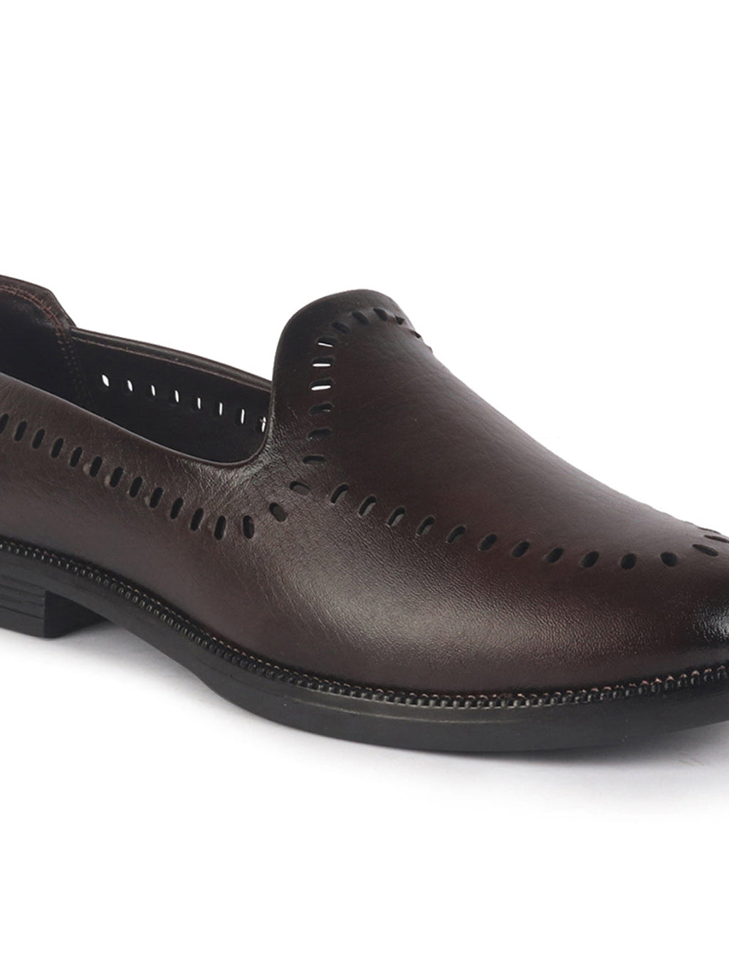 Men Brown Party Ethnic Laser Cut Slip On Juttis and Mojaris with TPR Welted Sole|Wedding Slip On Shoes|Formal Slip On Shoes with Heel
