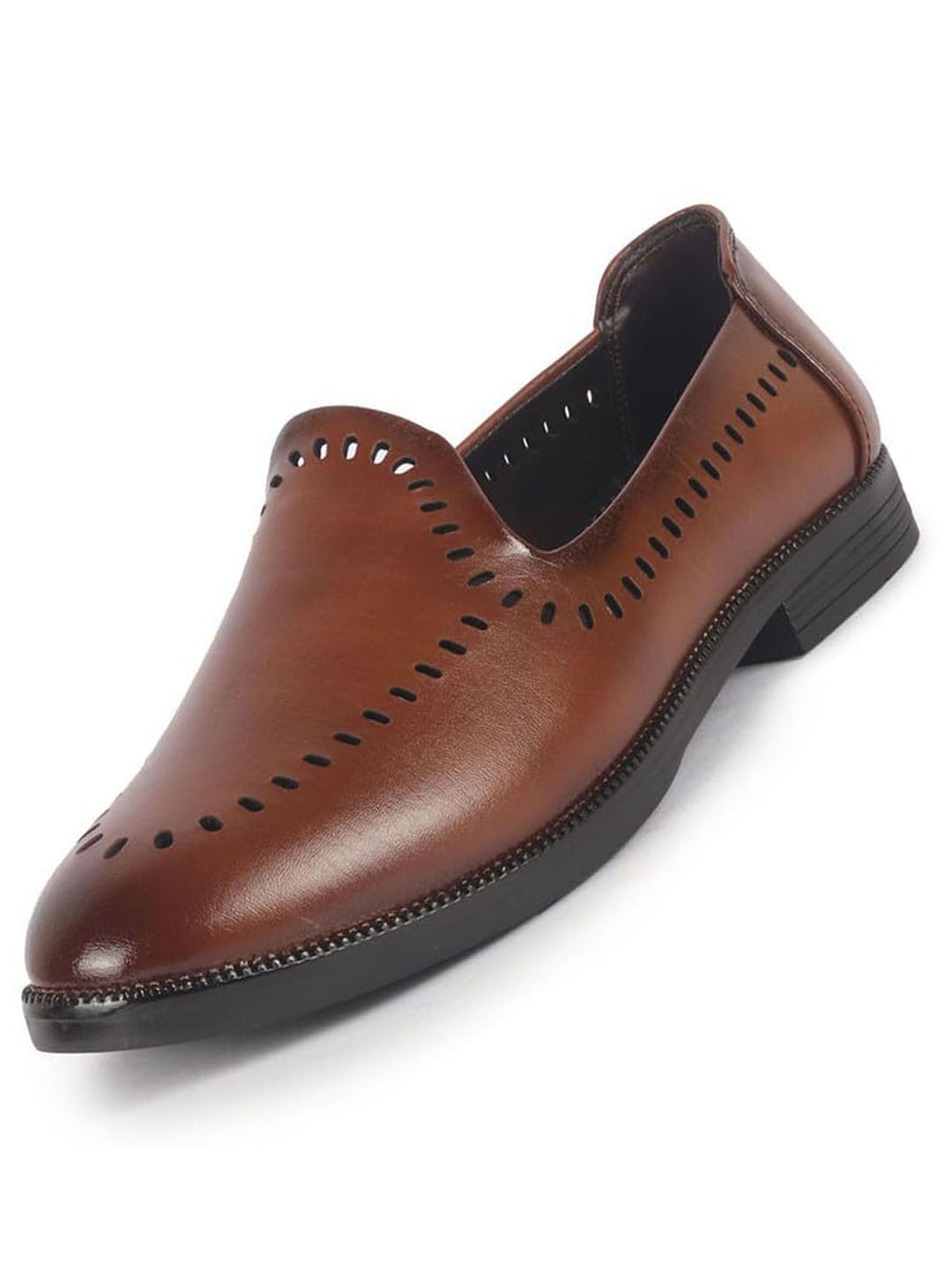 Men Tan Party Ethnic Laser Cut Slip On Juttis and Mojaris with TPR Welted Sole|Wedding Slip On Shoes|Formal Slip On Shoes with Heel