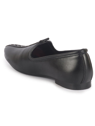 Men Black Ethnic Slip On Stripe Juttis and Mojaris for Wedding|Party Slip-On|Traditional Kurtas Shoes|Festive Slip On Shoes