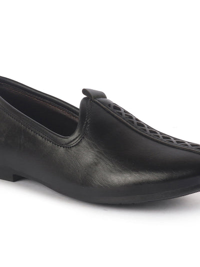 Men Black Ethnic Slip On Stripe Juttis and Mojaris for Wedding|Party Slip-On|Traditional Kurtas Shoes|Festive Slip On Shoes