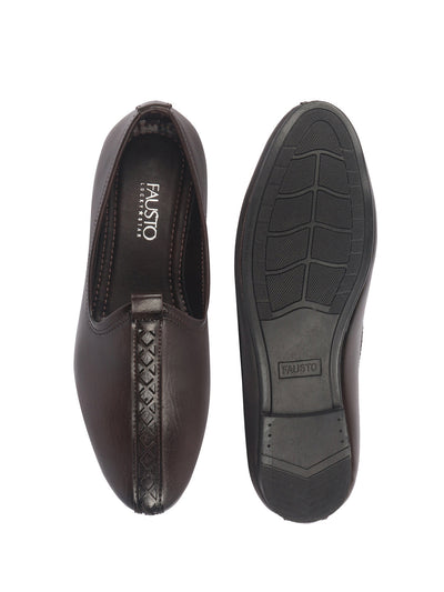 Men Brown Ethnic Slip On Stripe Juttis and Mojaris for Wedding|Party Slip-On|Traditional Kurtas Shoes|Festive Slip On Shoes