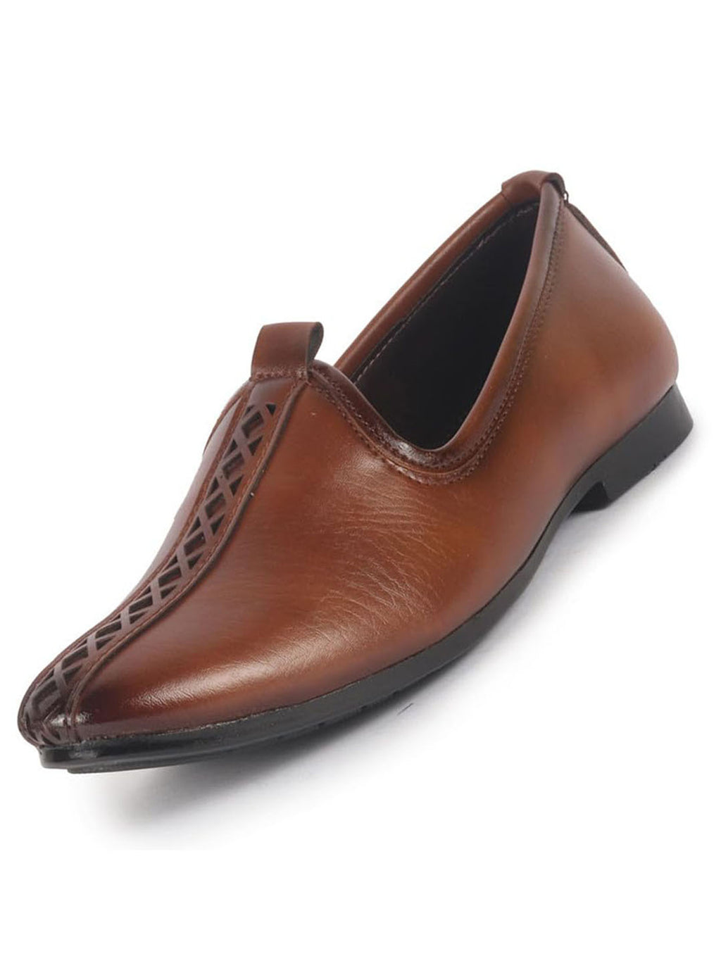 Men Tan Ethnic Slip On Stripe Juttis and Mojaris for Wedding|Party Slip-On|Traditional Kurtas Shoes|Festive Slip On Shoes