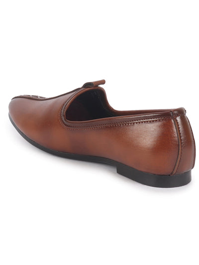 Men Tan Ethnic Slip On Stripe Juttis and Mojaris for Wedding|Party Slip-On|Traditional Kurtas Shoes|Festive Slip On Shoes