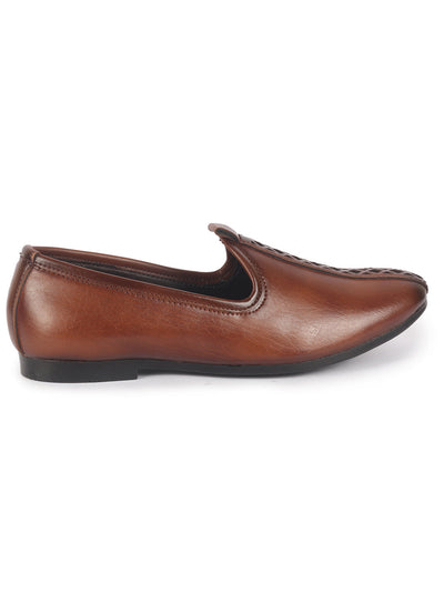 Men Tan Ethnic Slip On Stripe Juttis and Mojaris for Wedding|Party Slip-On|Traditional Kurtas Shoes|Festive Slip On Shoes