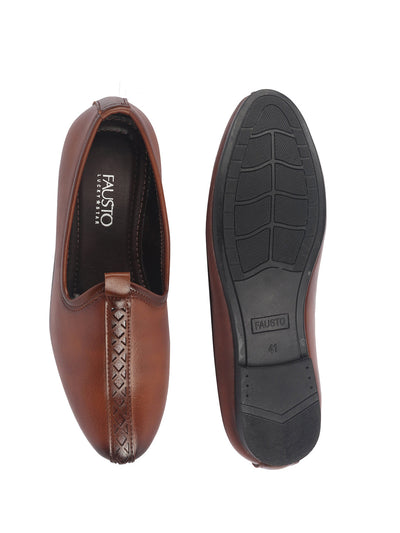 Men Tan Ethnic Slip On Stripe Juttis and Mojaris for Wedding|Party Slip-On|Traditional Kurtas Shoes|Festive Slip On Shoes