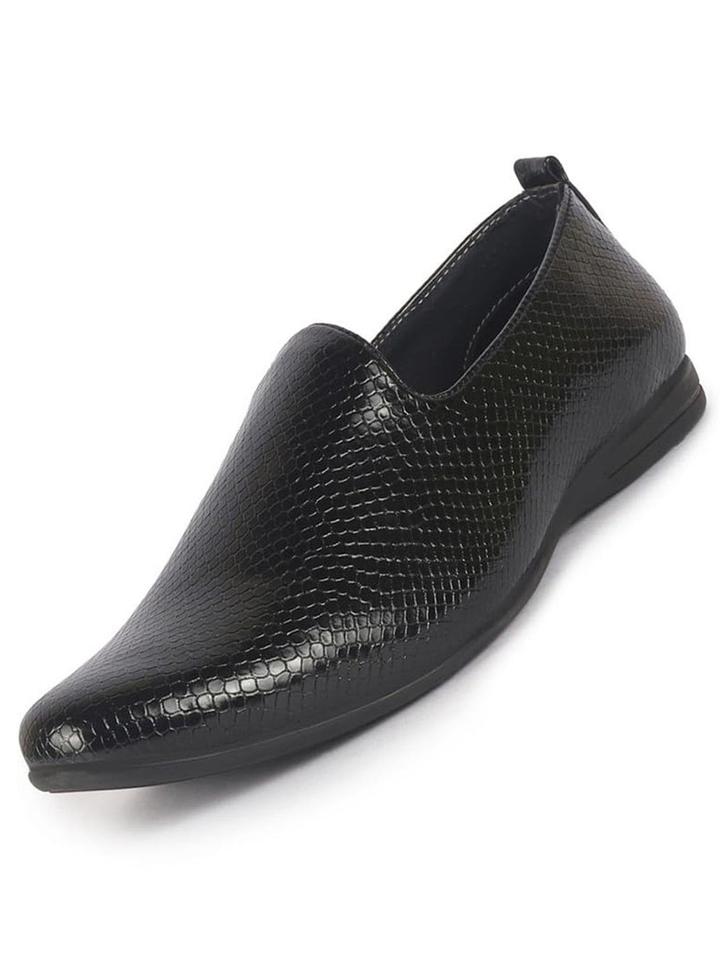 Men Black Textured Ethnic Round Toe Juttis and Mojaris for Wedding|Party Slip-On|Traditional Kurtas Shoes|Festive Shoes