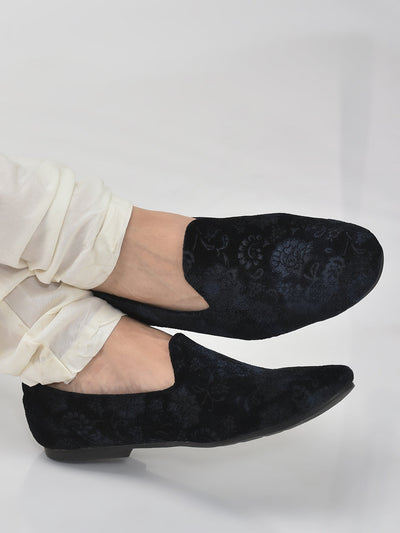 Men Blue Floral Print Velvet Ethnic Sip On Loafer for Party|Slip On Shoes|Festive Shoes|Kurta Slip On Shoes