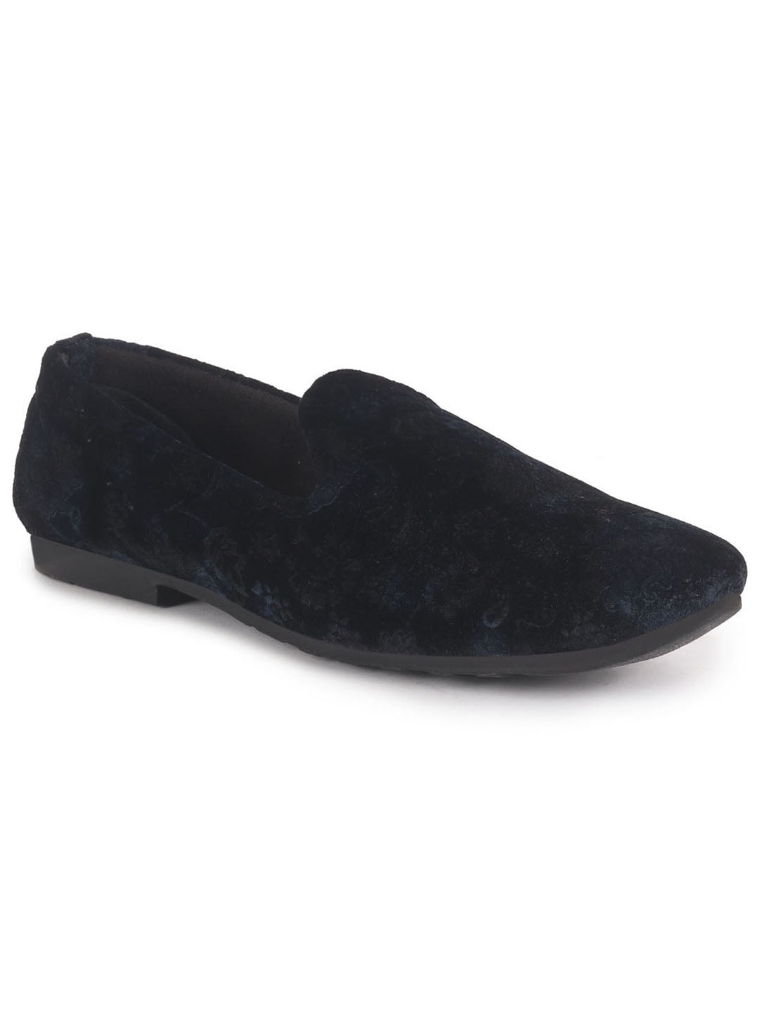 men blue floral print velvet ethnic sip on loafer for party|slip on shoes|festive shoes|kurta slip on shoes