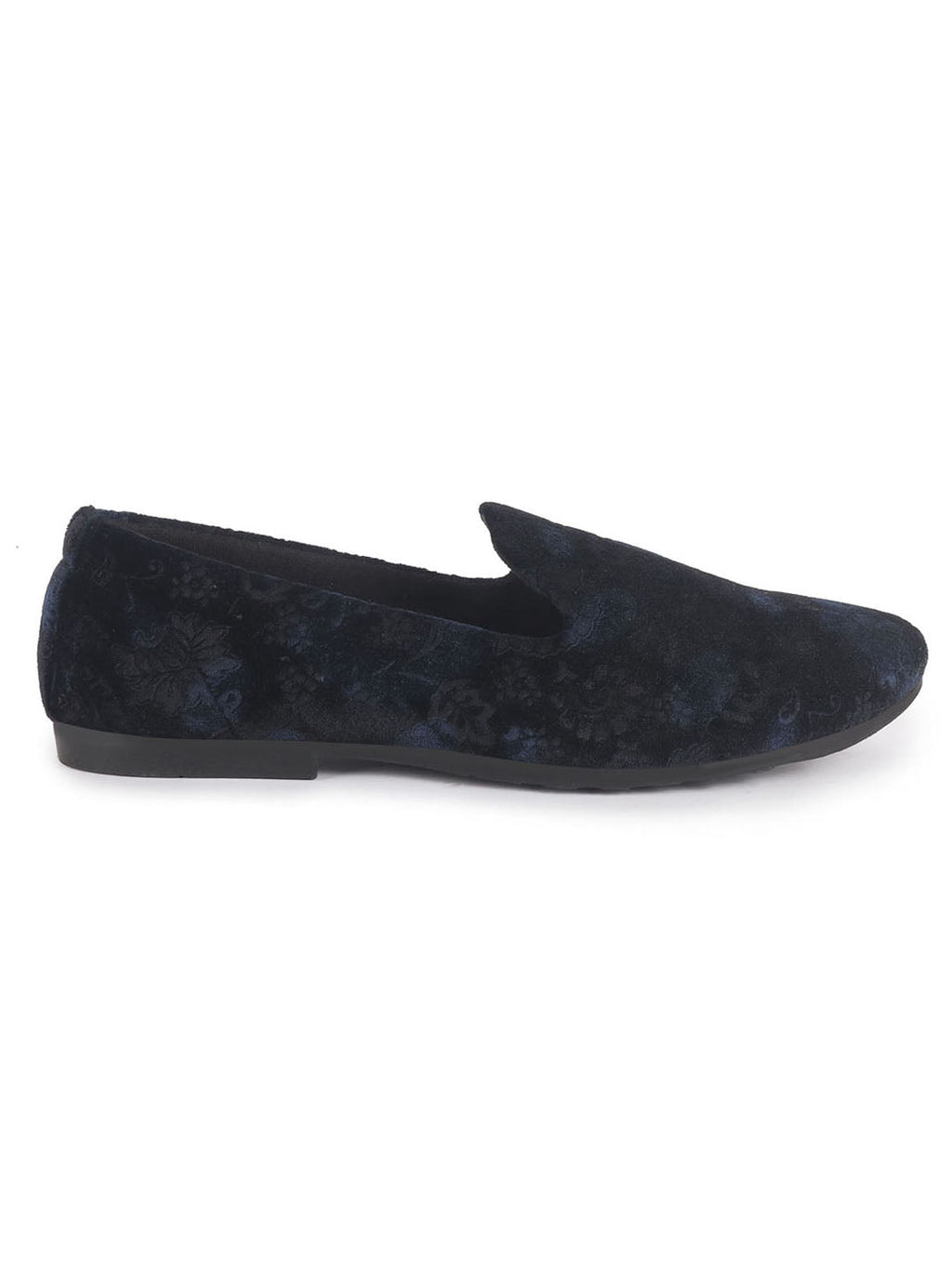 men blue floral print velvet ethnic sip on loafer for party|slip on shoes|festive shoes|kurta slip on shoes