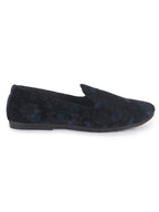 men blue floral print velvet ethnic sip on loafer for party|slip on shoes|festive shoes|kurta slip on shoes