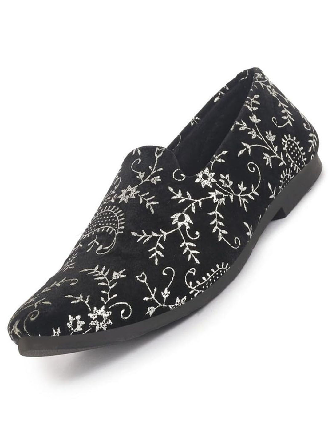 Men Black Floral Embroidered Velvet Ethnic Sip On Loafers for Wedding|Slip On Shoes|Festive Kurta Slip On Shoes