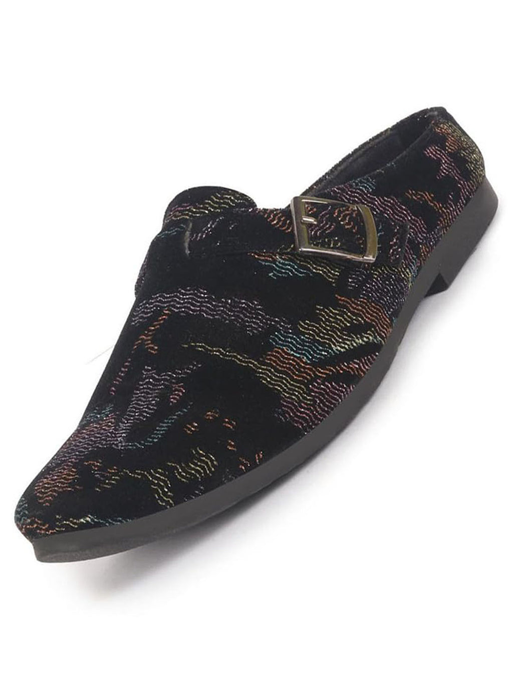 Men Black Abstract Print Back Open Velvet Ethnic Kurta Shoes Mojaris with Side Adjustable Strap|Festive Shoes Slip On