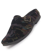 Men Black Abstract Print Back Open Velvet Ethnic Kurta Shoes Mojaris with Side Adjustable Strap|Festive Shoes Slip On