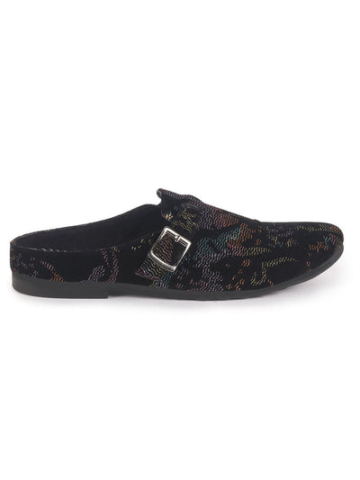 Men Black Abstract Print Back Open Velvet Ethnic Kurta Shoes Mojaris with Side Adjustable Strap|Festive Shoes Slip On