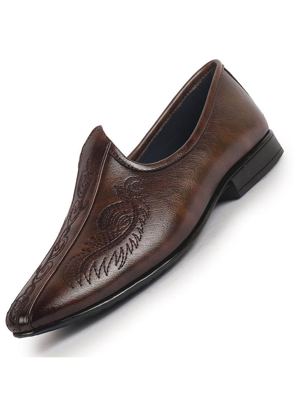 Men Brown Embroidery Traditional Wedding Slip On Ethnic Juttis and Mojaris|Party Slip On Evening Shoes|Striped Mojaris