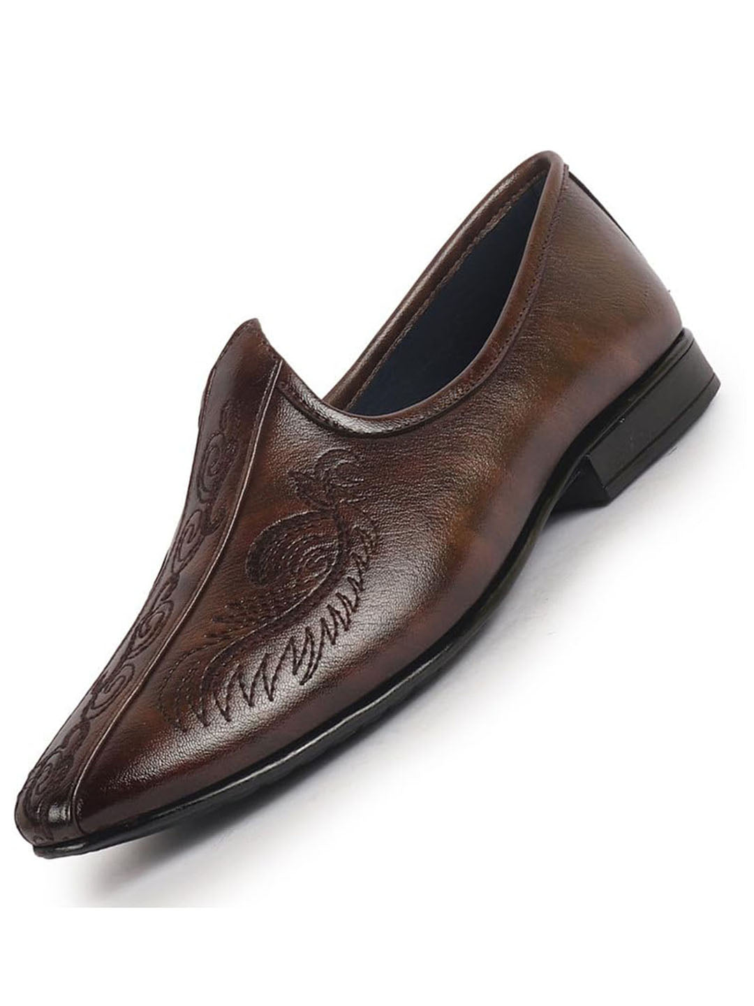Men Brown Embroidery Traditional Wedding Slip On Ethnic Juttis and Mojaris|Party Slip On Evening Shoes|Striped Mojaris