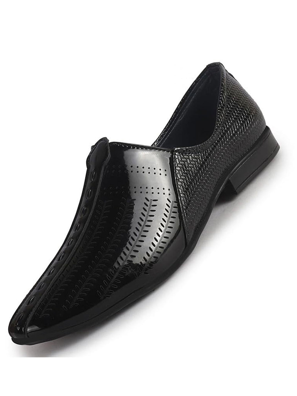 Men Black Textured Ethnic Round Toe Juttis and Mojaris for Wedding|Party Slip-On|Traditional Kurtas Shoes|Festive Shoes