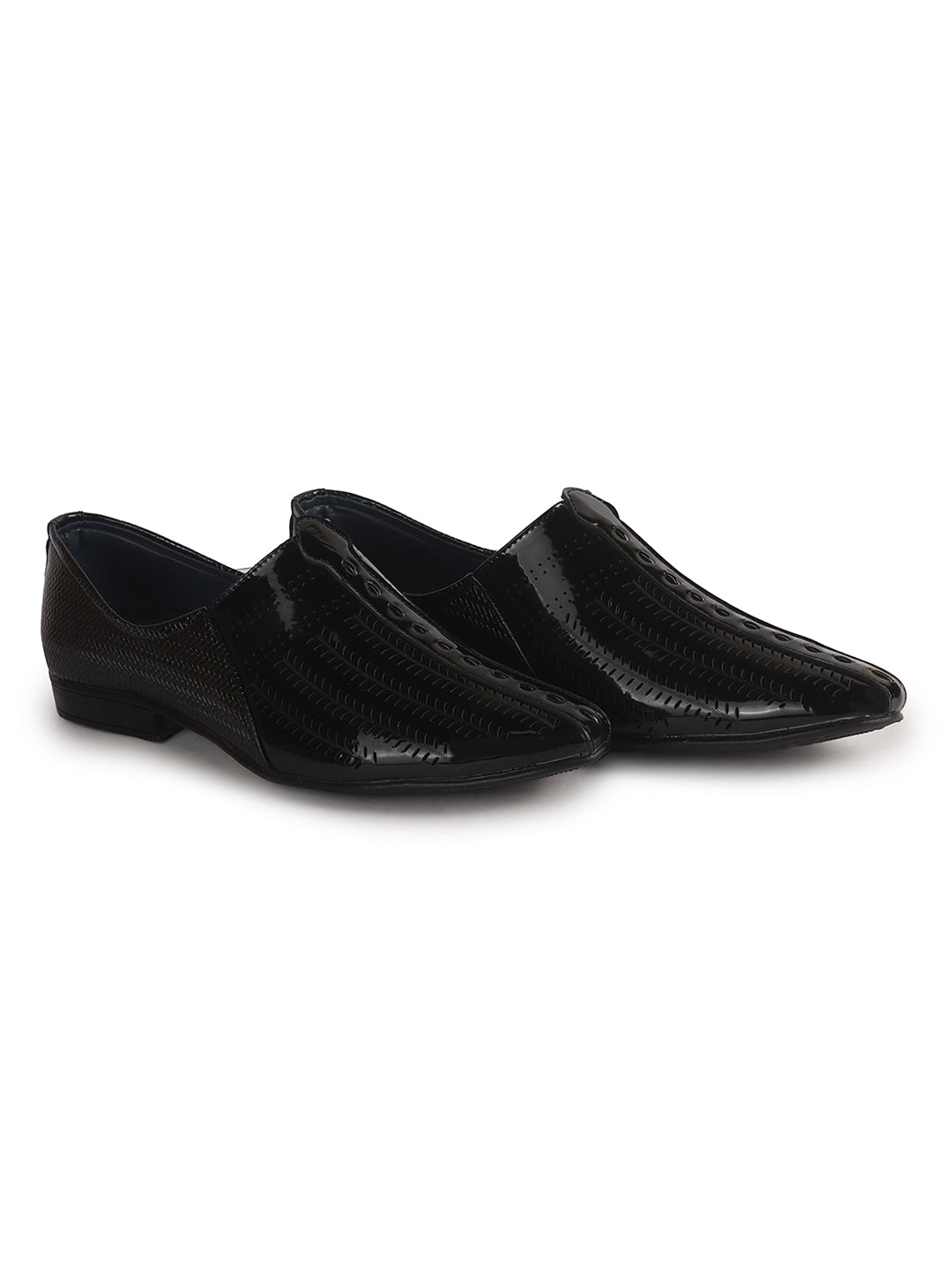 Men Black Textured Ethnic Round Toe Juttis and Mojaris for Wedding|Party Slip-On|Traditional Kurtas Shoes|Festive Shoes
