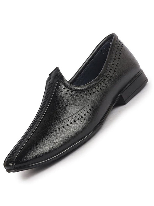 Men Black Breathable Slip On Ethnic Juttis and Mojaris for Wedding|Party Slip On Evening Shoes|Traditional Striped Mojaris