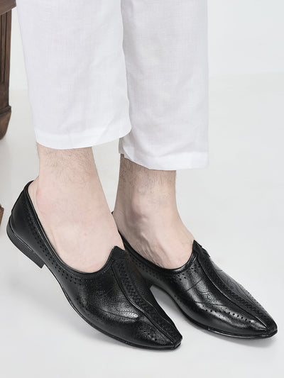 Men Black Breathable Slip On Ethnic Juttis and Mojaris for Wedding|Party Slip On Evening Shoes|Traditional Striped Mojaris