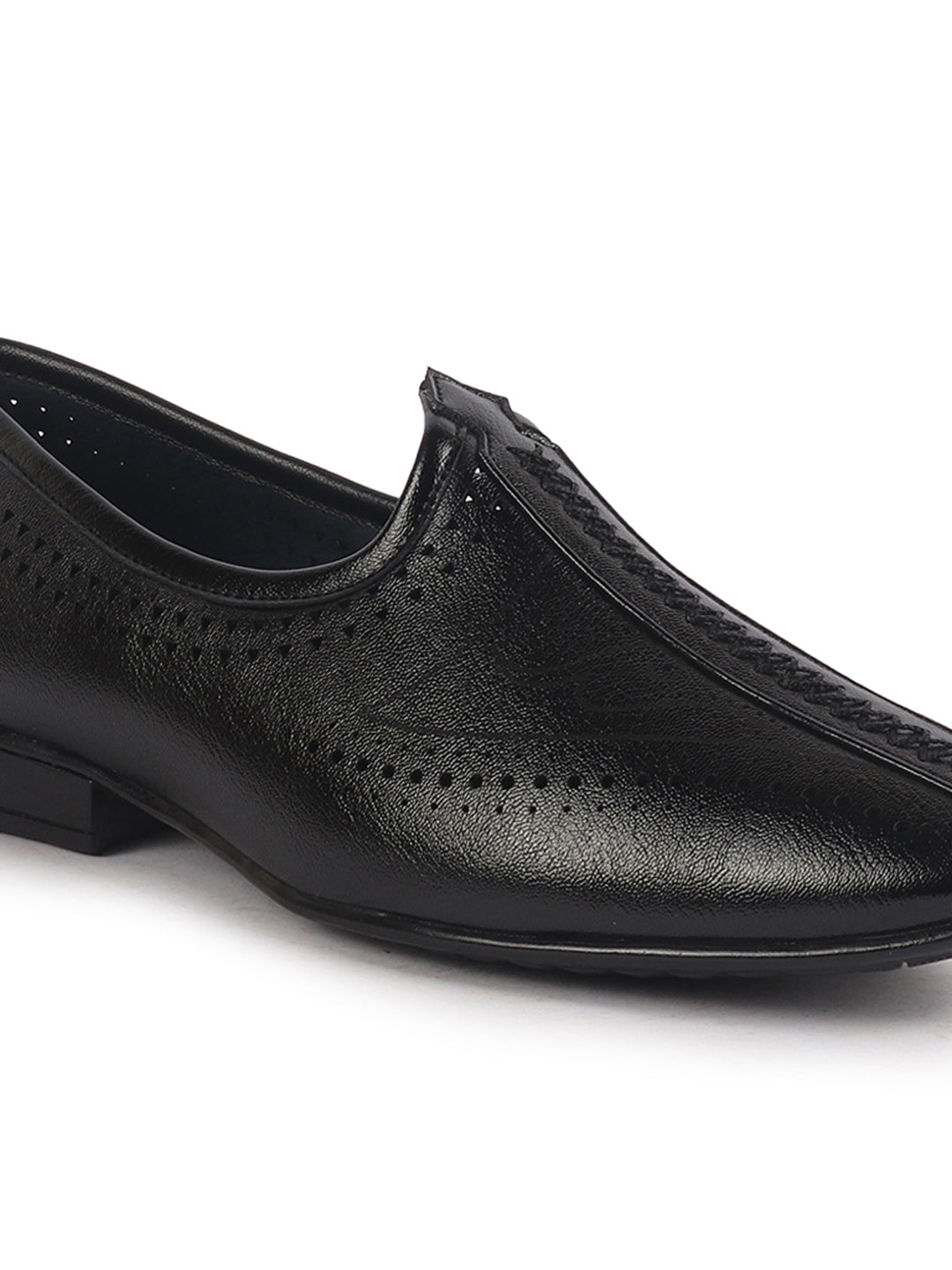 Men Black Breathable Slip On Ethnic Juttis and Mojaris for Wedding|Party Slip On Evening Shoes|Traditional Striped Mojaris