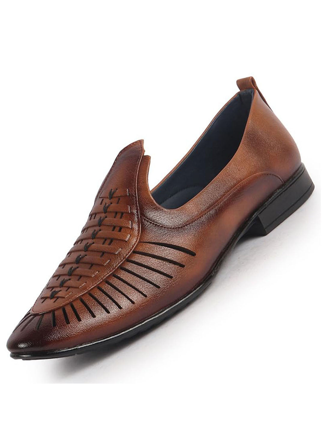Men Tan Laser Cut Knitted Ethnic Slip On Juttis and Mojaris for Wedding|Party Slip-On|Traditional Kurtas Shoes|Flexible Rubber Sole