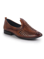 Men Tan Laser Cut Knitted Ethnic Slip On Juttis and Mojaris for Wedding|Party Slip-On|Traditional Kurtas Shoes|Flexible Rubber Sole