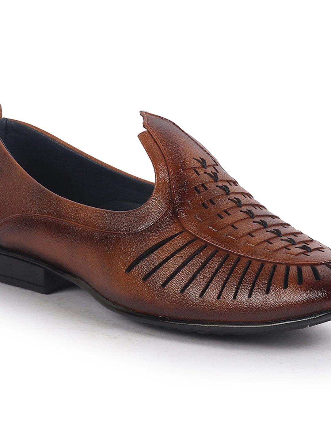 Men Tan Laser Cut Knitted Ethnic Slip On Juttis and Mojaris for Wedding|Party Slip-On|Traditional Kurtas Shoes|Flexible Rubber Sole